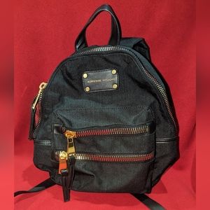 Adrienne Vittadini Canvas Backpack Bookbag Black Gold Big Zipper EUC